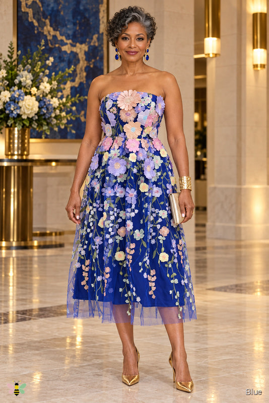 The Petal Nocturne Appliqué Midi Dress | Blue | front