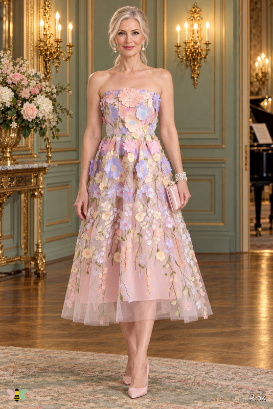 The Petal Nocturne Appliqué Midi Dress | Pink | front