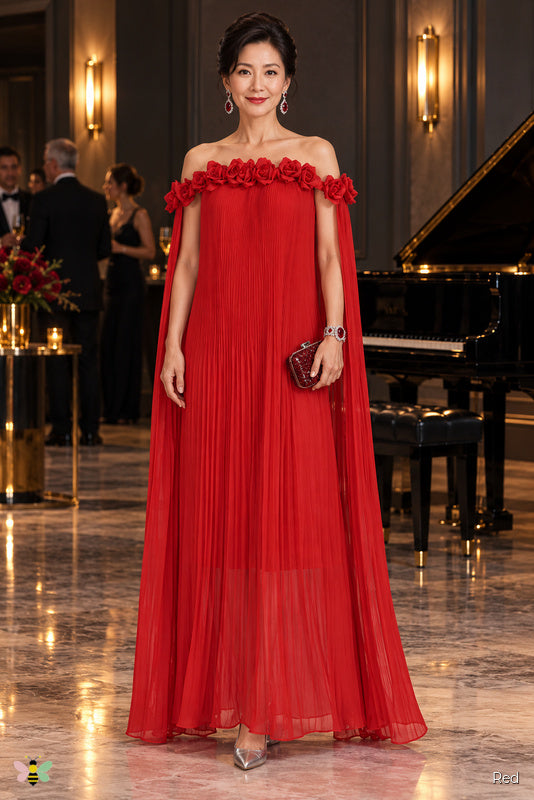 The Rosette Reverie Pleated Gown | Red | front