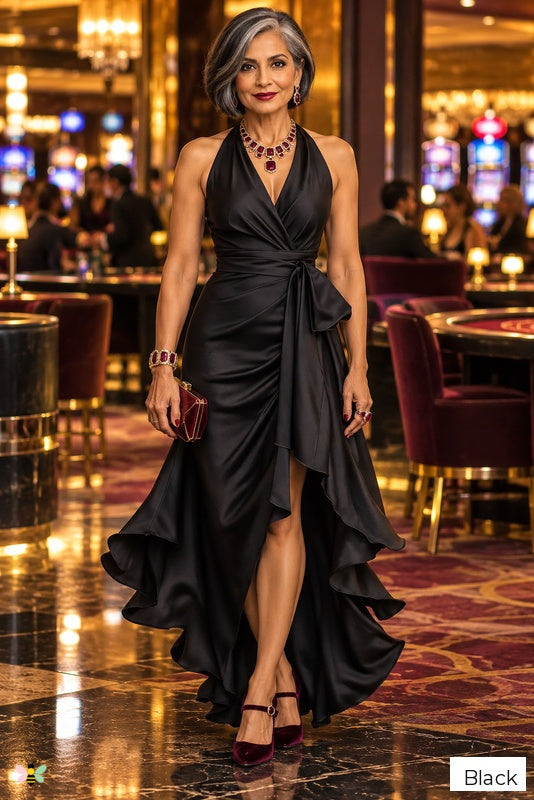 The Satin Cascade Halter Dress | Black | front