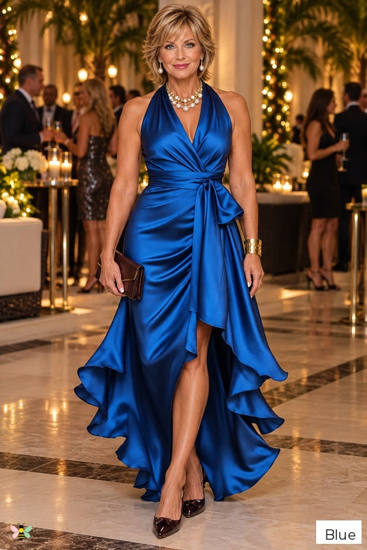 The Satin Cascade Halter Dress | Blue | front