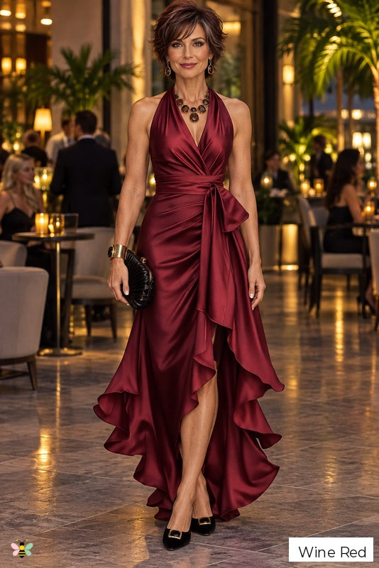 The Satin Cascade Halter Dress | Wine Red | front