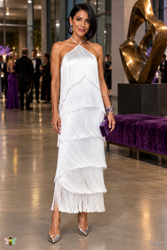 The Tempo Fringe Halter Dress | White | front