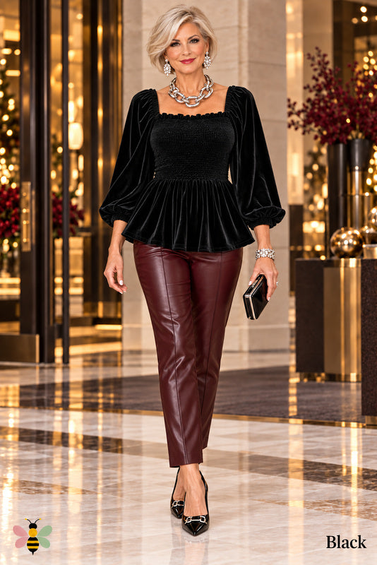 Velour Smocked Peplum Blouse — Black — Front