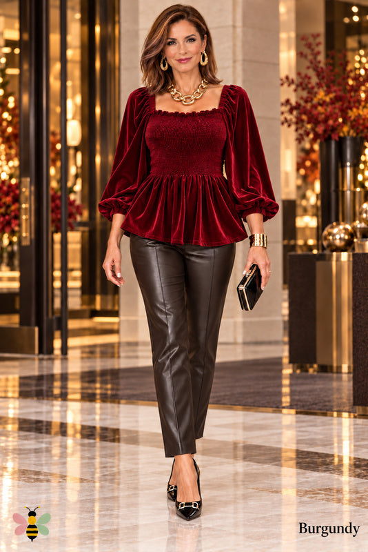 Velour Smocked Peplum Blouse — Burgundy — Front