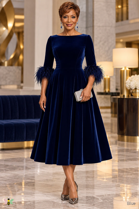 The Velvet Cadence Feather-Cuff Dress | Blue | front