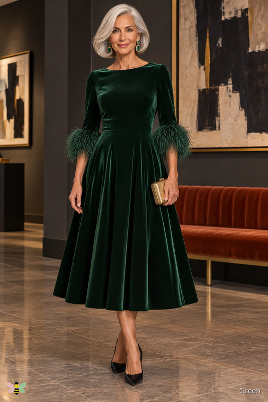 The Velvet Cadence Feather-Cuff Dress | Green | front