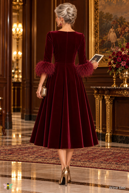 The Velvet Cadence Feather-Cuff Dress | Wine Red | back