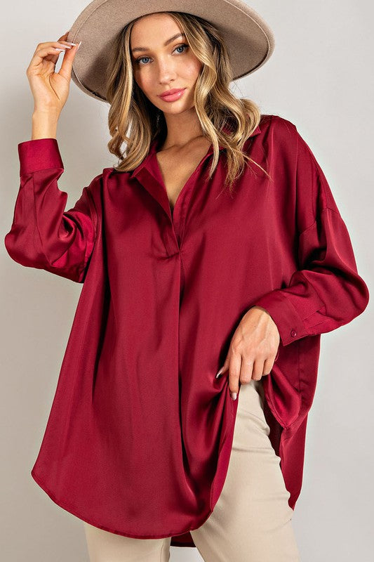 Tab Collared Blouse Top in Wine