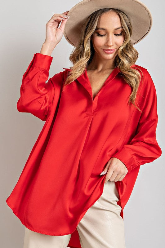 Tab Collared Blouse Top in Red